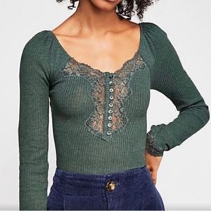 Free People Henley Green Lace Top
